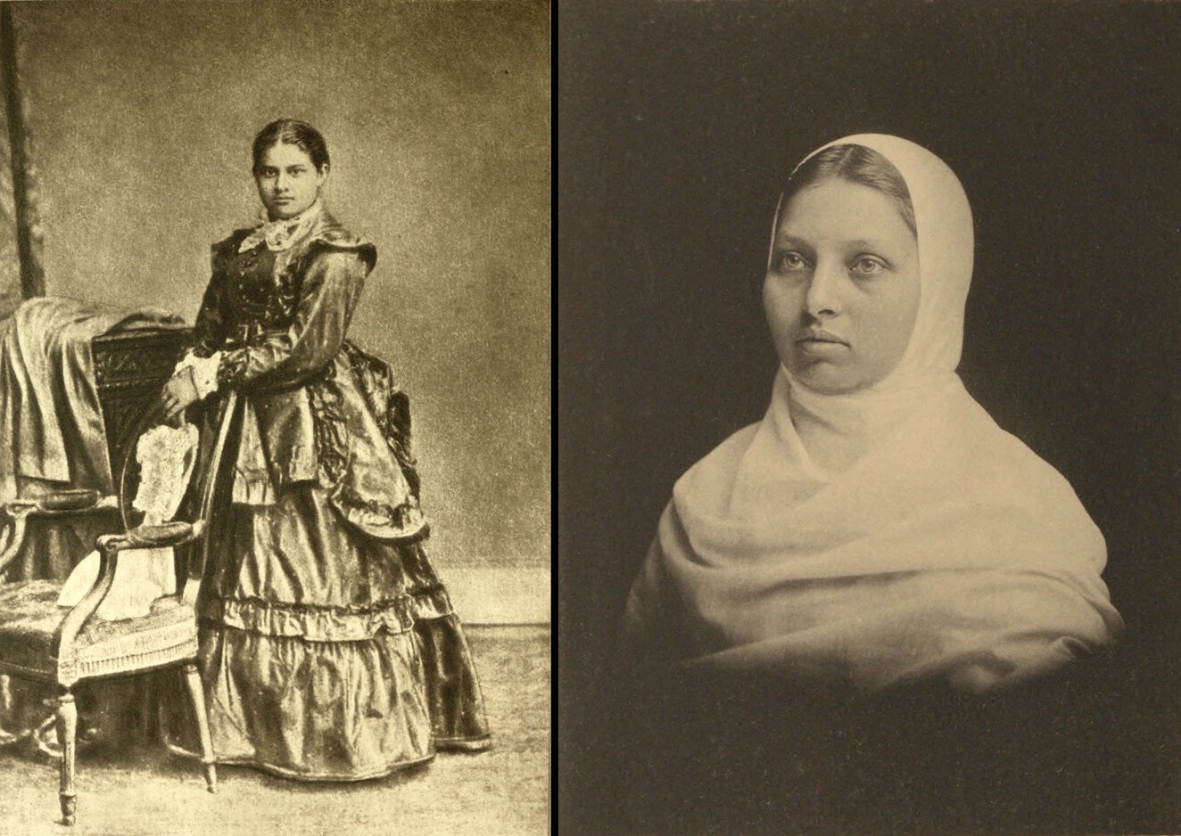 Left: Toru Dutt standing in three-quarter profile to her right with hands on chair, but facing the viewer. Right: Head and shoulders portrait of Pandita Ramabai Sarasvati.